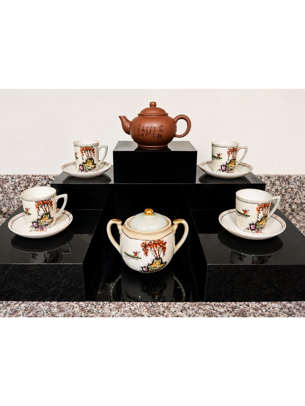 Vintage Chinese Yixing Zisha Style Purple Clay Teapot & Japanese Tea Cup Set